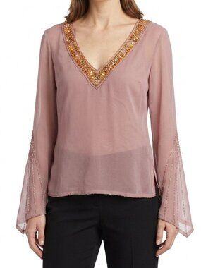 Oxmo "Kiss" Blush Pink Sheer Beaded Long Sleeve Top NEW- Sz. Sm